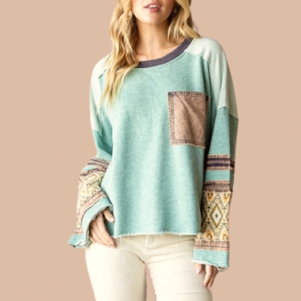 New In Mineral Washed Vintage Look Mix Fabric Pullover
Boho Sweater - Picture 3 of 6